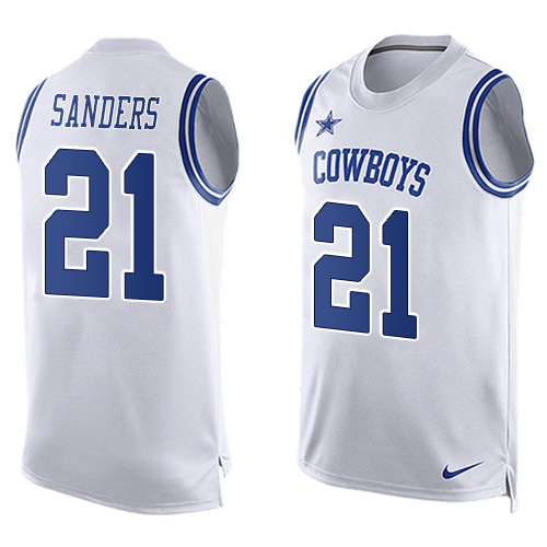 Men's Limited Deion Sanders Nike Jersey White - #21 Player Name & Number Tank Top NFL Dallas Cowboys